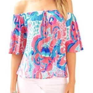 Lily Pulitzer Pink/Blue I’m so Jelly Sain Off-Shoulder Bell Sleeves Top Size XS